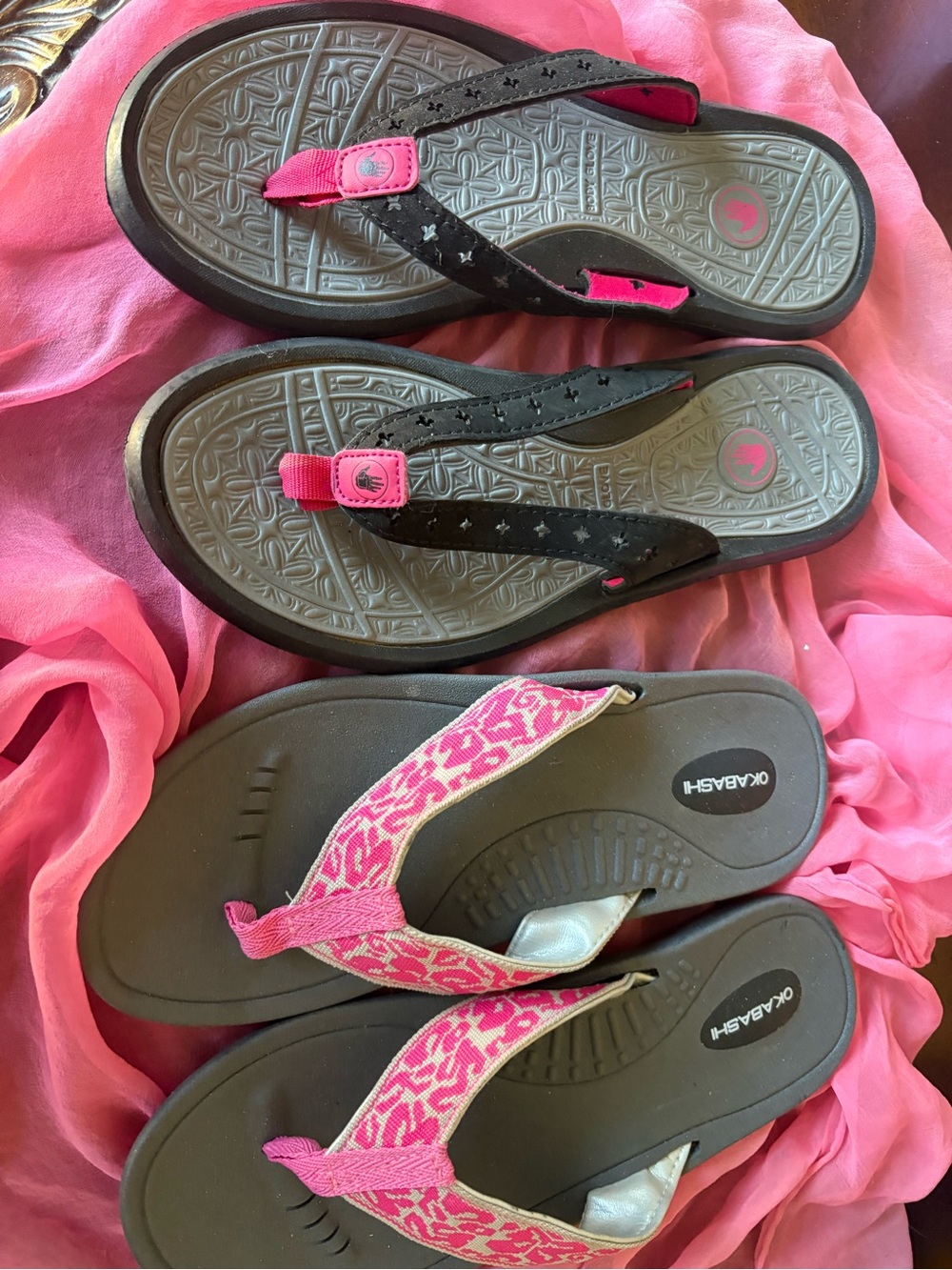 Okabashi Women's Black and Pink Flip Flop Sandals - Dual Strap Casual